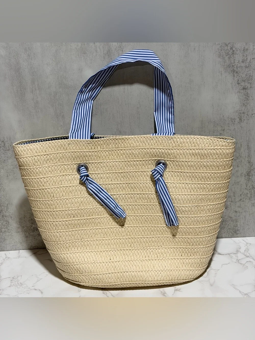 Striped-Handle Straw Tote in Natural and Blue